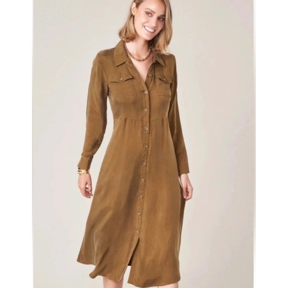 Spartina 449 Olive Green Cupro Button Front Midi Shirt Dress‎ Womens Medium